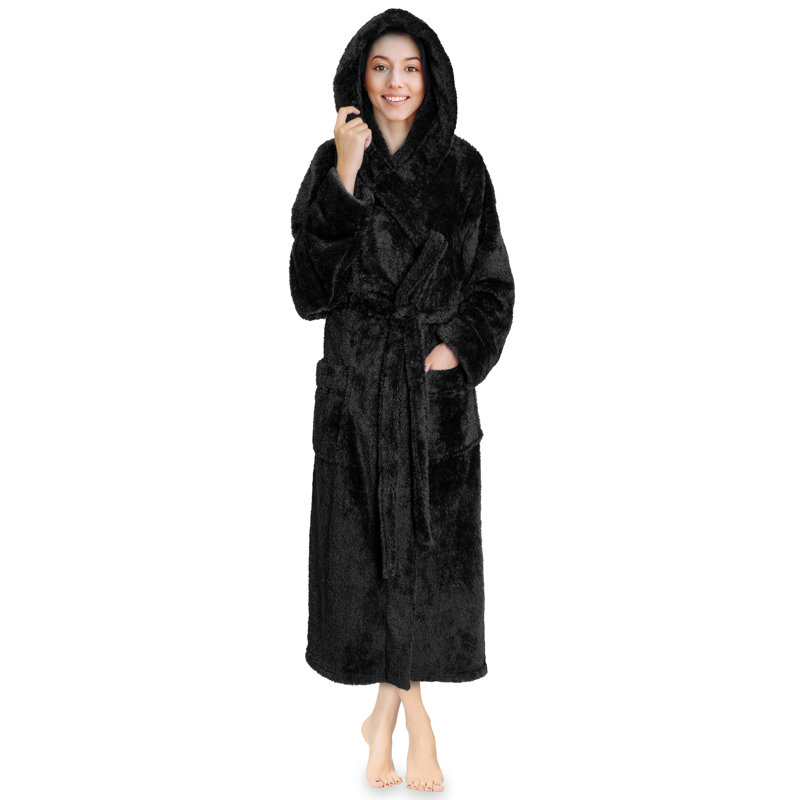 Large-X-Large Black Hooded Fleece Bathrobe with Pockets