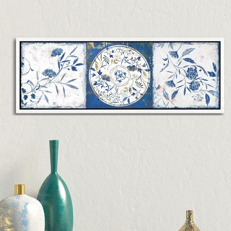 Indigo Ceramics I by Isabelle Z - Panoramic Print on Canvas, White Framed, 30.48 cm H x 91.44 cm W