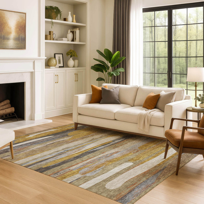 Tapis abstrait lavable à la machine Premium, Brun, 10 pi x 14 pi
