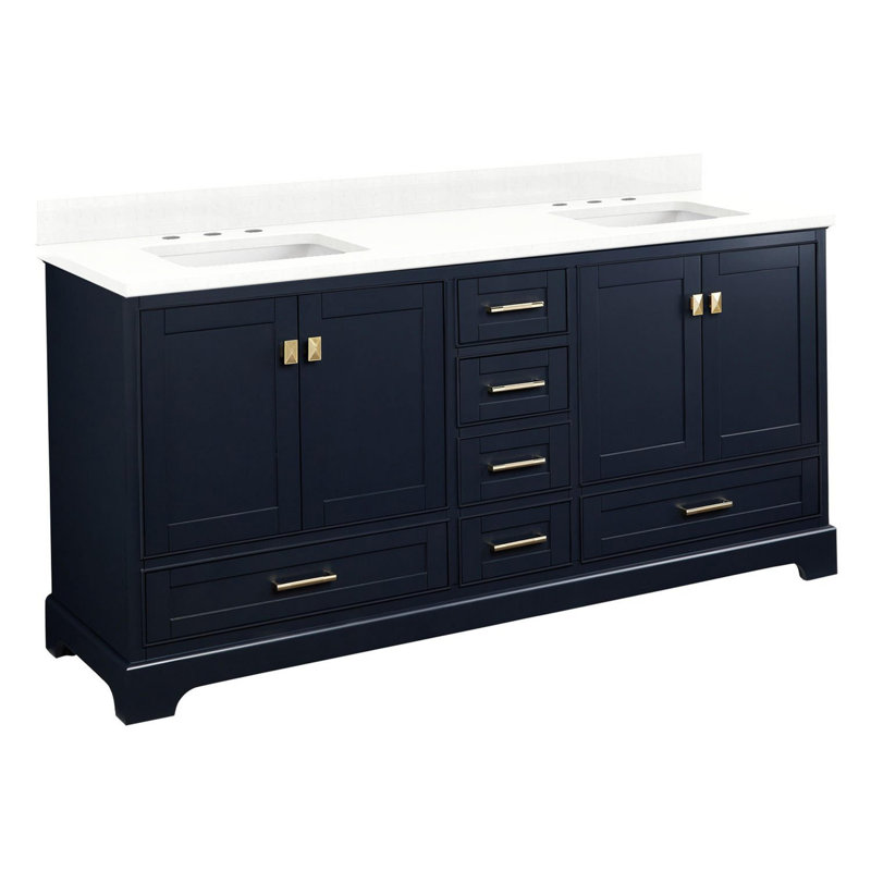 Quen 72" Freestanding Double Basin Vanity Set with Cabinet, Vanity Tops, Midnight Navy Blue, Feathered White Quartz