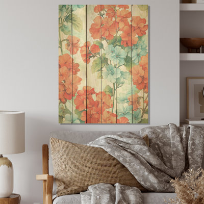Geranium Collage Expression - Geraniums Wood Wall Art On Natural Pine Wood