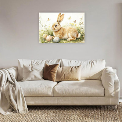 Beige Bunny and Decorated Eggs Easter Canvas Wall Art –  Painting Spring Meadow Large Artwork (24x36 inches)