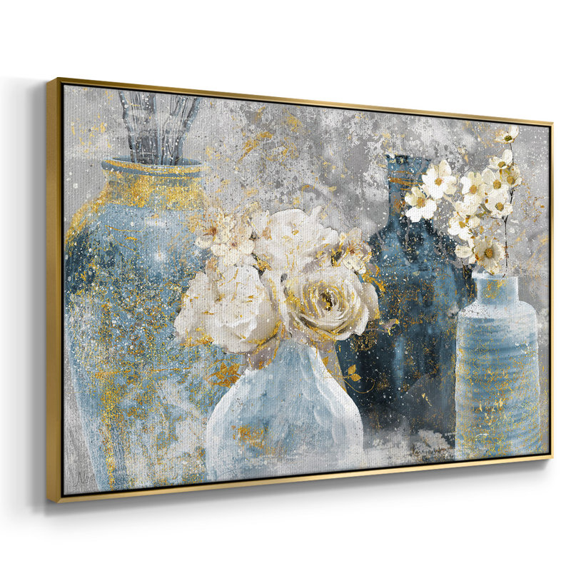 «Vessels And Blooms Blues», reproduction d'art sur toile, H 17 po x l 25 po x P 2 po, Or