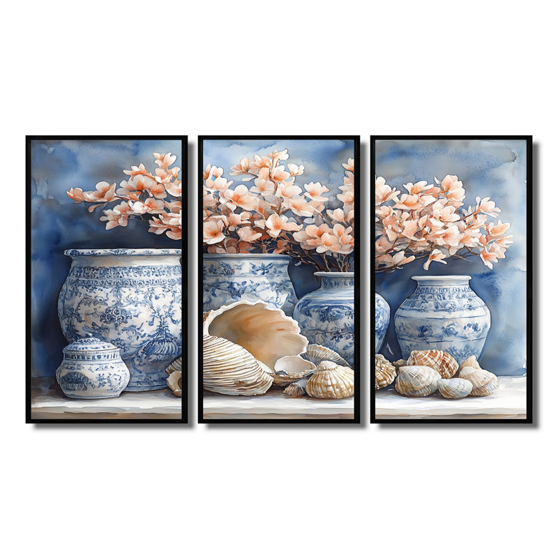 Floral Pottery In Blue And White Tones - Coastal Pottery Wall Art Living Room Set, Black Floater Framed Canvas