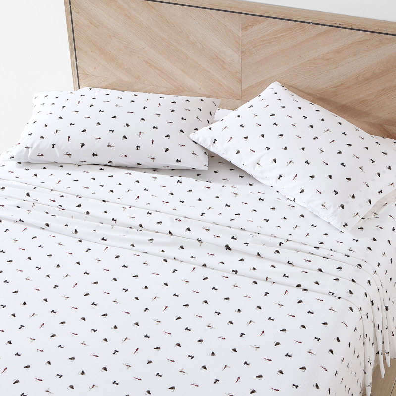 Shasta Lake Cotton Percale Standard Sheet Set, Queen Sheet Set with 2 Pillowcases, Fishing Flies