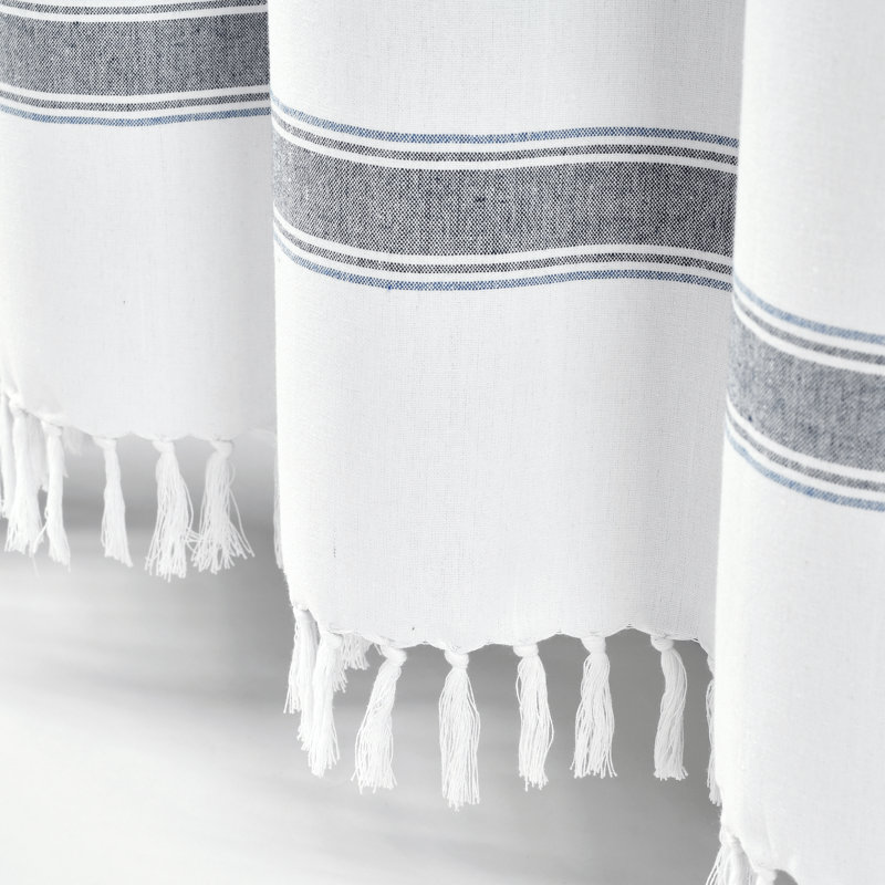 Blue and White Striped Cotton Shower Curtain with Tassel Fringe, 72" x 72"