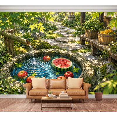 Wall Mural Peel and Stick bamboo watermelon apples leaf Garden Water floral farmhouse sunlight Large Wallpaper Self-Adhesive Removable Contact Paper Wall Decor for Living Room Bedroom Nursery 100"H x 144"W