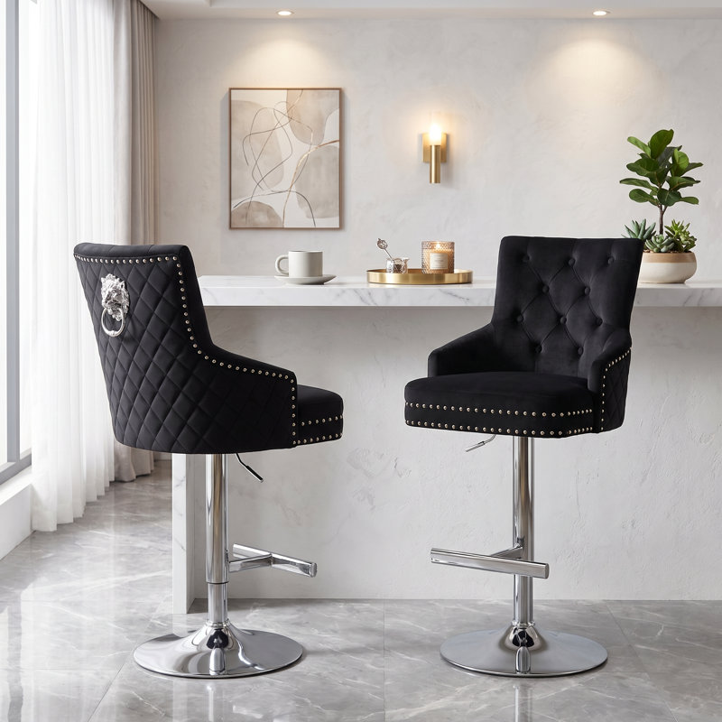 Jakhai Swivel Upholstered Adjustable Height Counter Stool with Metal Frame, Black, Chrome