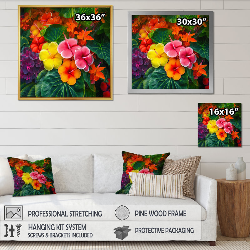 «Vibrantly Happy Blossoming Tropical Flowers I» - Décoration murale fleurs, Cadre photo argenté, H 24 po x l 24 po x P 1 po