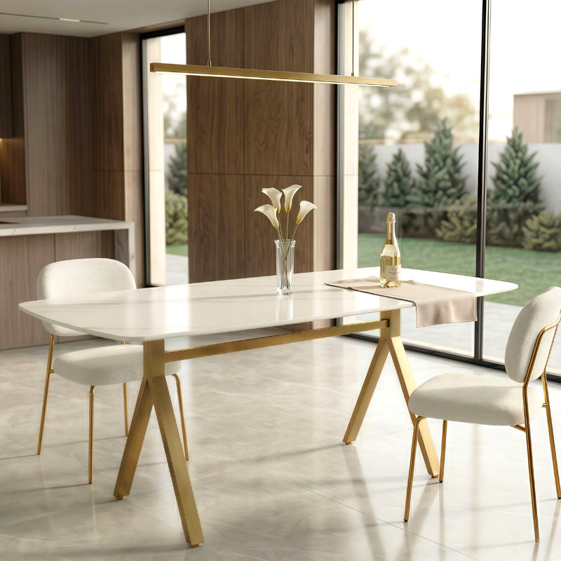 51'' Marble Design Tempered Glass Rectangular Dining Table with Metal Legs, Gold, Gold Legs