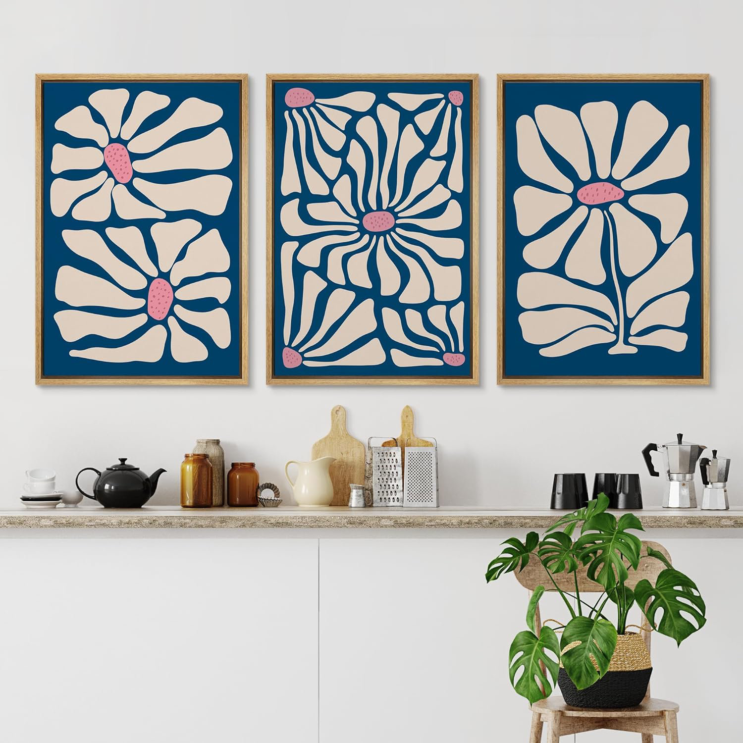 IDEA4WALL Navy BLue Flowers Framed On Canvas 3 Pieces Print | Wayfair