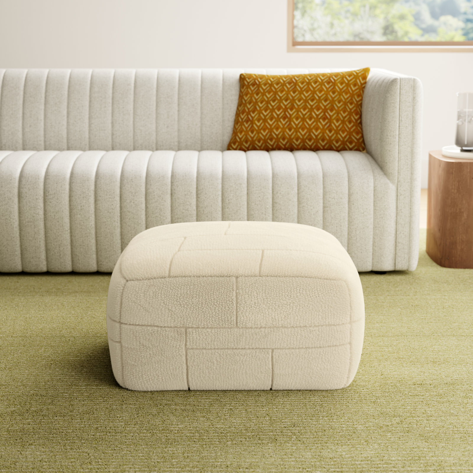 Tuberose Upholstered Pouf, White Wool/Polyester Blend