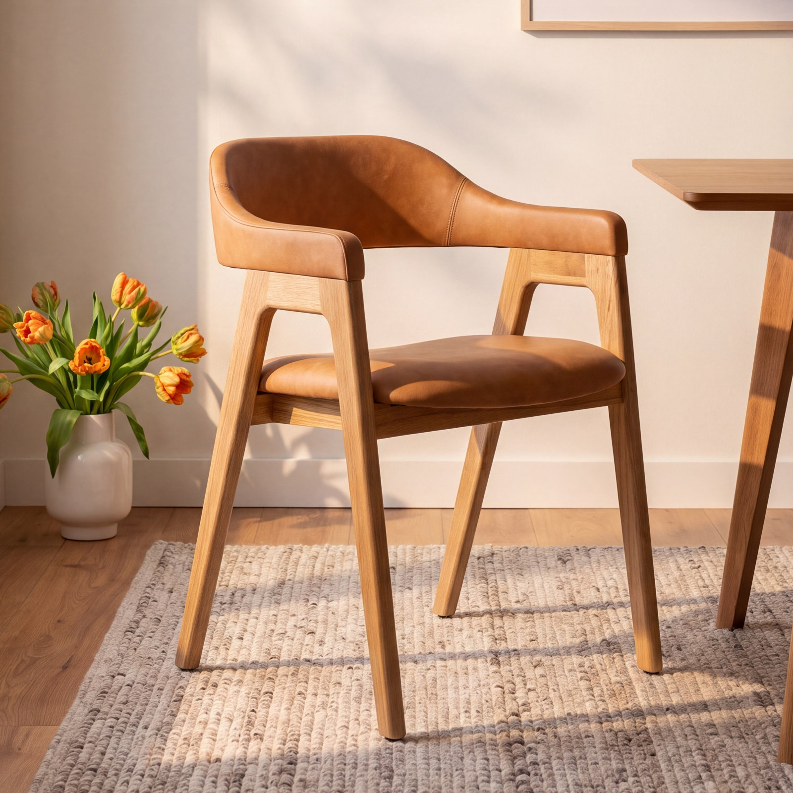 Genuine Leather Dining Armchair, Caramel Tan / Oak