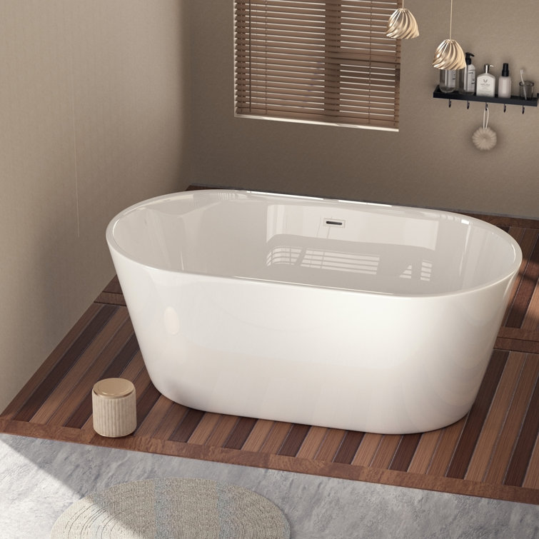 60'' Freestanding Gloss  Acrylic Soaking Bathtub With Toe-Tap Chrome Drain And Classic Slotted Overflow
