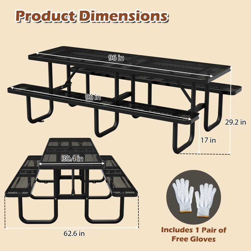 Table de pique-nique en métal robuste de 96 po, table de salle à manger d'extérieur avec trou pour parasol, structure en acier galvanisé antirouille