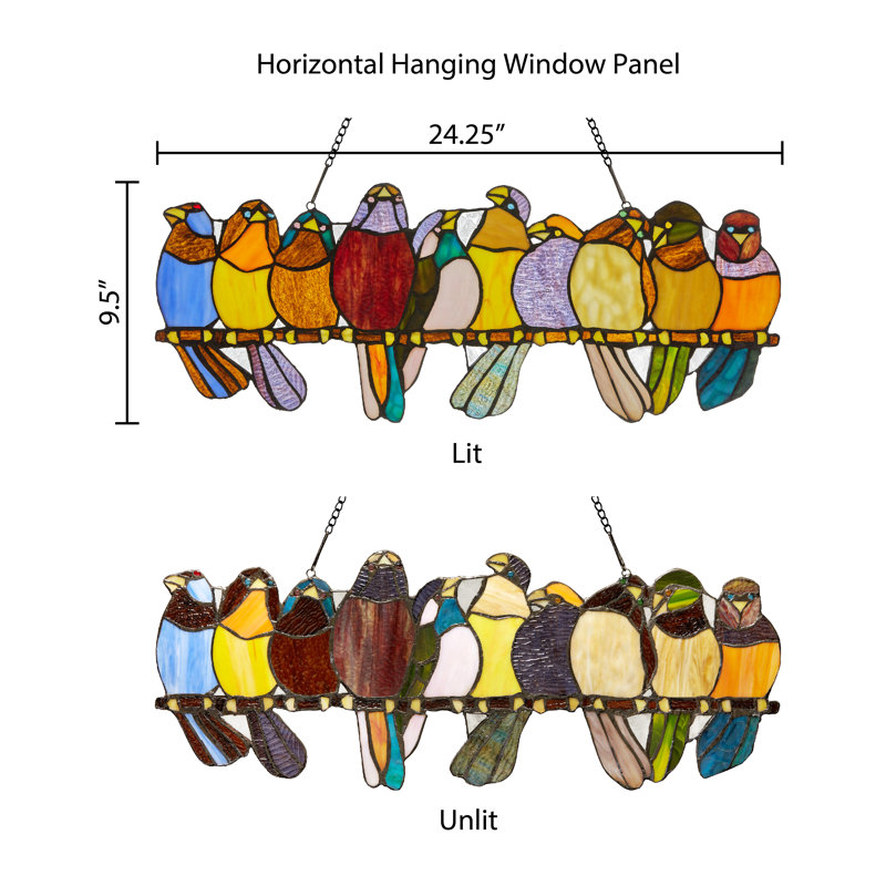 9.5"H Multi-Colored Stained Glass Birds on a Wire Window Panel