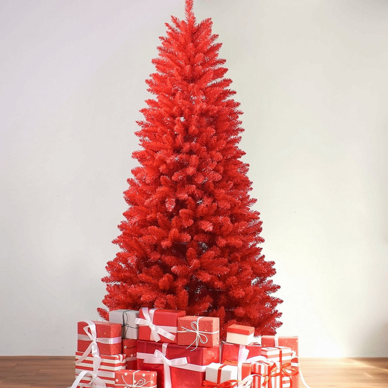 Arbre de Noël rouge 7 pi - Arbre en PVC rouge pur avec 1066 pointes, branches articulées pour une installation facile, support en métal stable, décoration audacieuse des Fêtes