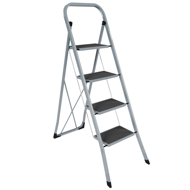 4-Step Steel Portable Folding Heavy Duty Ladder Non Slip Matt, Grey
