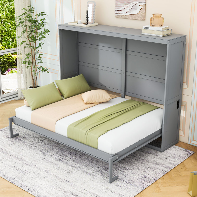 Budhan Wooden Murphy Bed Wall Bed, Gray, Queen