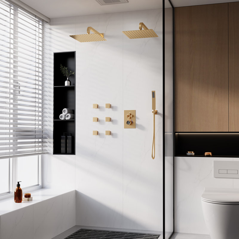 Système de douche thermostatique à double pomme de douche avec douchette intégrée et douchette pour la douche, Or brossé