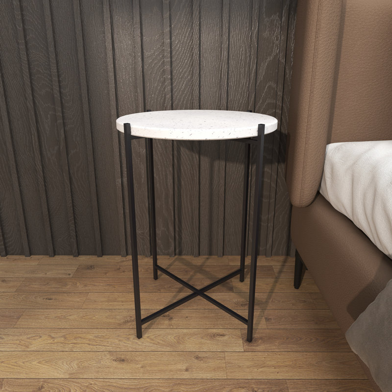 Breyannah Terrazzo Stone Side End White Accent Table with Black Metal X-Stand