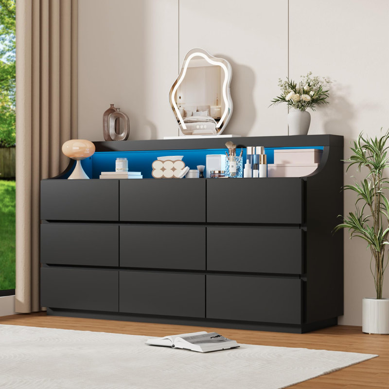 Commode 59 po en bois moderne à 9 tiroirs avec lumières DEL et grands tiroirs de rangement, commode anti-basculement pour chambre à coucher et salon, 59 po, noir