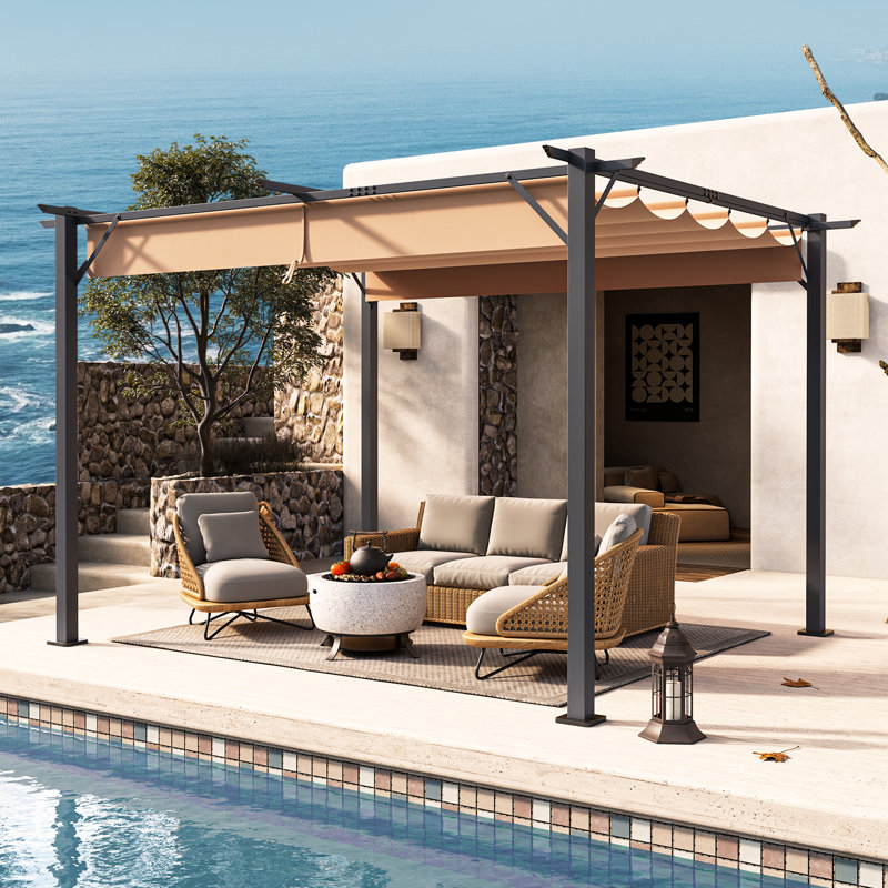 Pergola d'extérieur en métal avec auvent rétractable et support d'ancrage l 12 pi x P 10 pi, Abri pour voiture x P 10 po