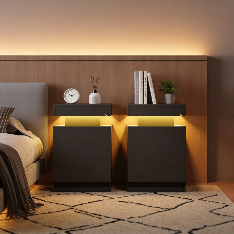 Ensemble de 2 tables de chevet modernes à DEL avec éclairage réglable et armoire de rangement, table de chevet pour la chambre à coucher
