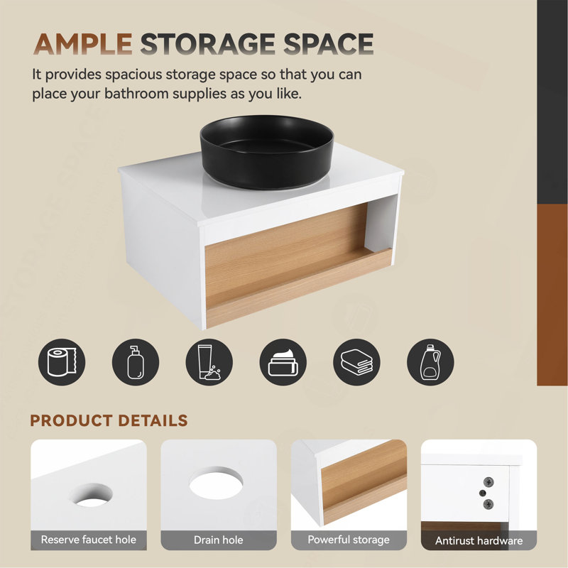 Meuble-lavabo suspendu de 76 cm avec lavabo rond mat, meuble-lavabo mural avec tablette ouverte, comptoir durable, design moderne peu encombrant (livré en 2 paquets)