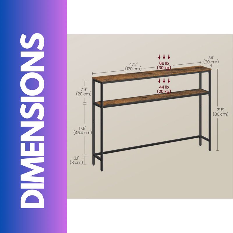 Angellee 120cm Industrial Slim Console Table With 2 Shelves