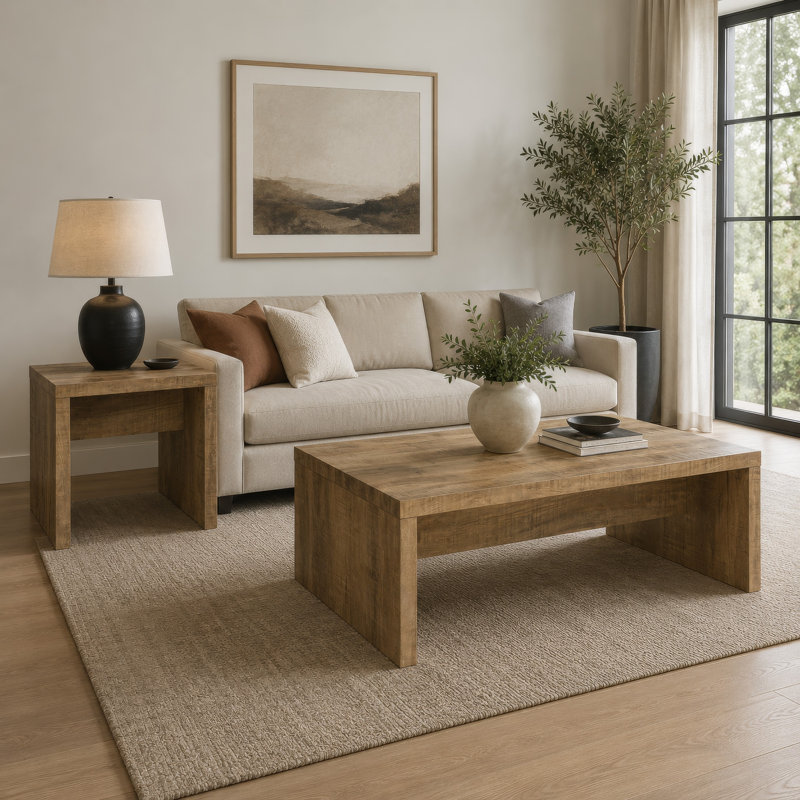 Nette 2Pc Coffee and End Table Set, Rustic Mango Finish, Brown Wood