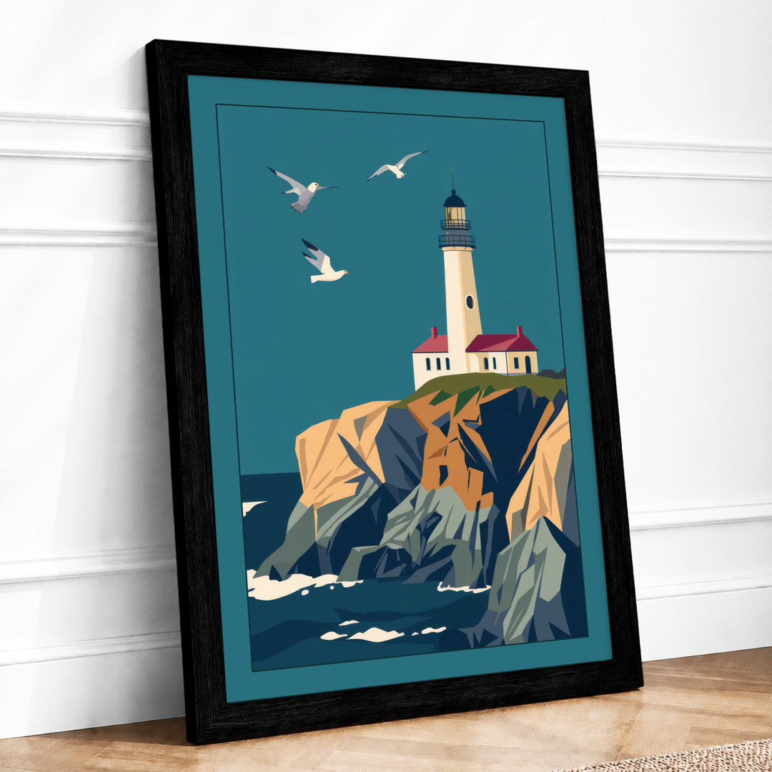 Lighthouse at Rocky Shore Coastal - Framed Print