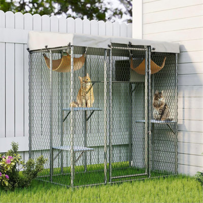 Outdoor Cat Houses, Large Cat Cage with Window Access, Cat Shelter with Walk-in Platform/Resting Box/Weatherproof Canopy, Suitable for Multi-Cat Yard Enclosures