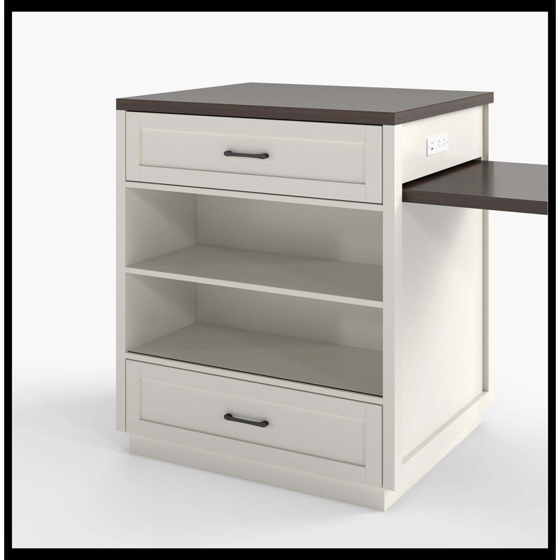 83.1" Extendable Kitchen Island With Slide Out Table, Storage Racks & Power Outlet, Tempered Glass Doors Kitchen Island With Walnut Woodgrain, Cream White