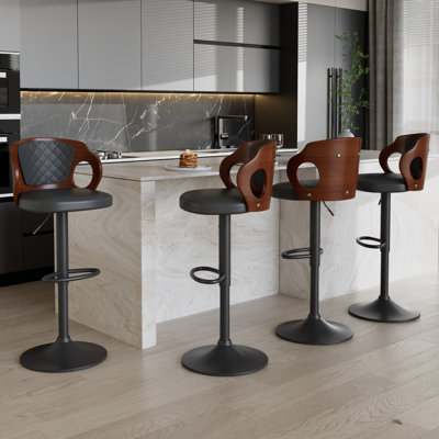 Ferriera Set of 4 Swivel Bar Stool Upholstered Adjustable Height Counter Stool with Leather Seat Metal Frame
