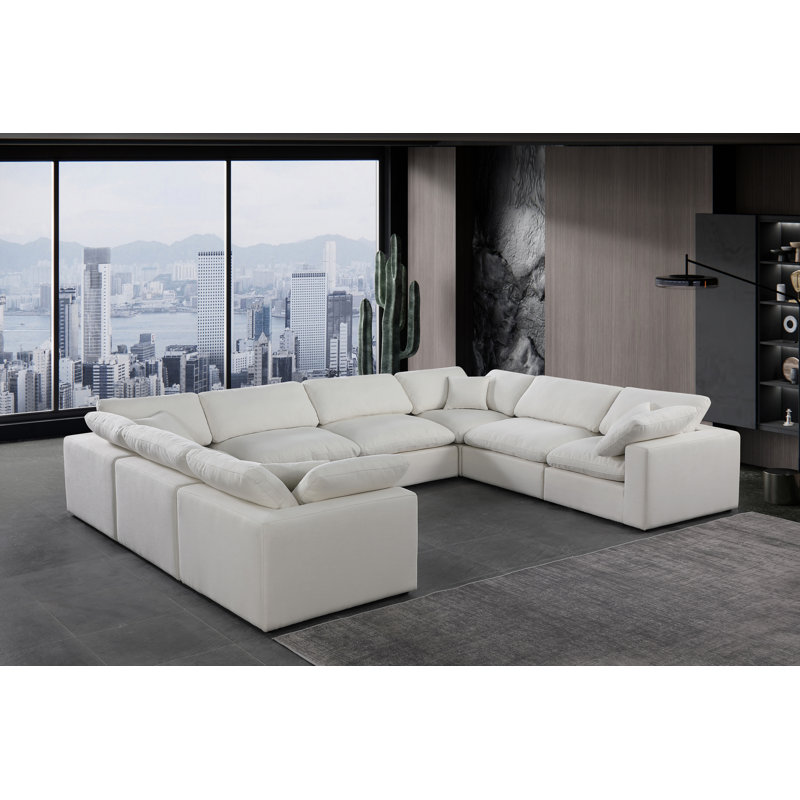Hippler Upholstered U-Shaped Sectional Reversible, Cream Linen Textured Fabric