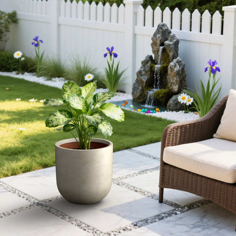 Grand pot à fleurs rond en béton avec trous de drainage pour l'intérieur et l'extérieur de 17 po gris pierre (intérieur amélioré)