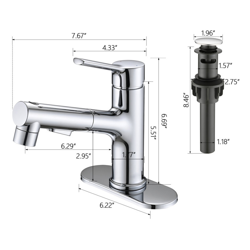 Bathroom Sink Faucet With Pull Out Sprayer, Single Handle Modern Bathroom Basin Faucet With Pop-Up Sink Drain Stopper & Deck Plate,Chrome