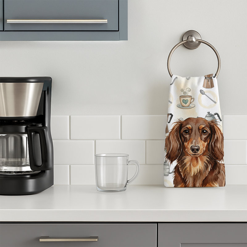 Longhaired Chocolate and Tan Dachshund Coffee Bar Kitchen Towel, Longhaired Chocolate and Tan Dachshund