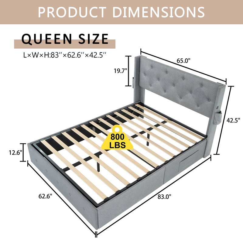 Lit plateforme avec rangement relevable avec tête de lit Winback et station de charge, Gris clair, Queen