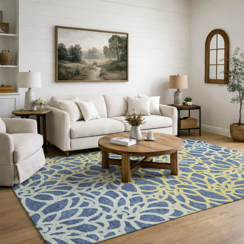 Premium Machine Washable Mayfield AMF2412 Floral Rug, Navy, 10' x 14'