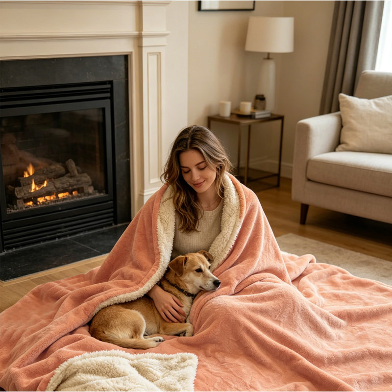Reversible Flannel Sherpa Blanket, Soft Fluffy Plush Throw Blanket For Couch Bed., 200cm x 150cm, Pink