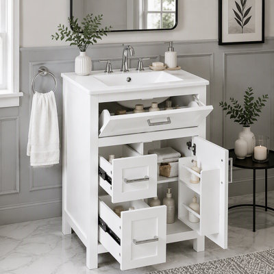 18 Inch Bathroom Vanity with Sink, Freestanding Cabinet with Door, Flip Drawer and 2 Drawers for Bathroom