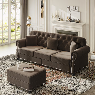 Upholstered Velvet Sofa with Nailhead Trim and Rolled Armrests