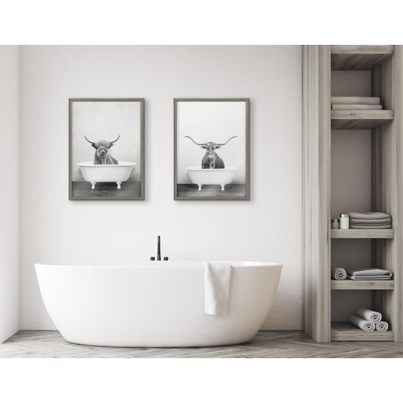 Highland Cow in the Tub BW by Amy Peterson Framed Glass Wall Art