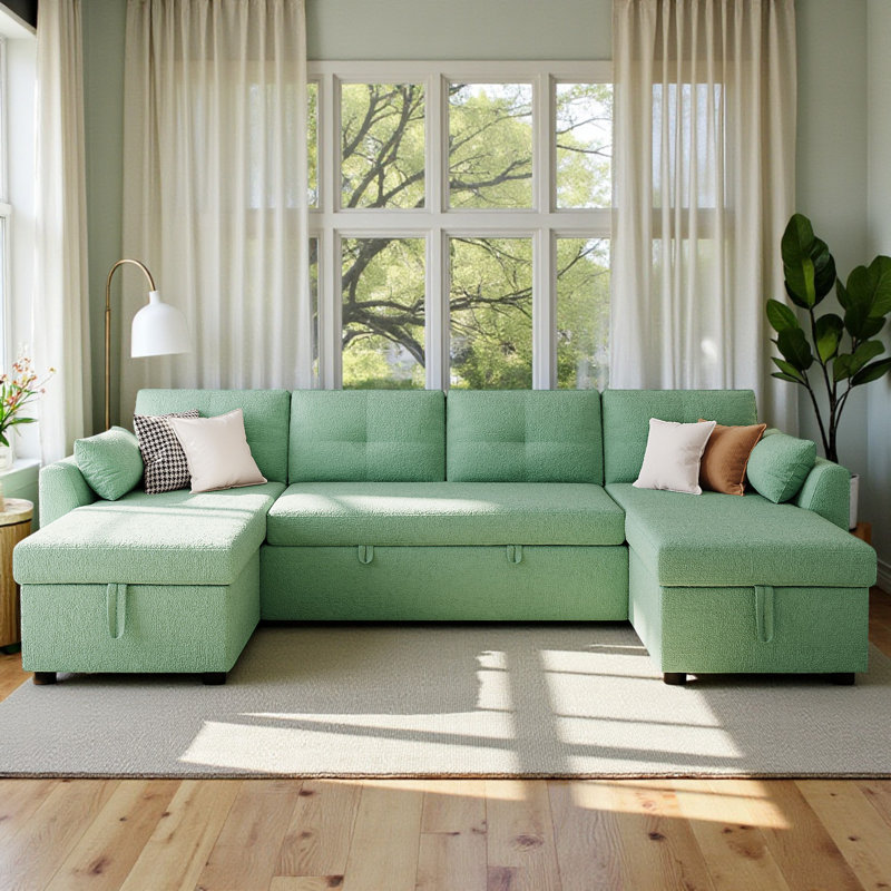 Xylo 107" Contemporary U-Shaped Sectional Sofa Bed With Teddy-Fabric Upholstery And Dual Chaise Storage, Green