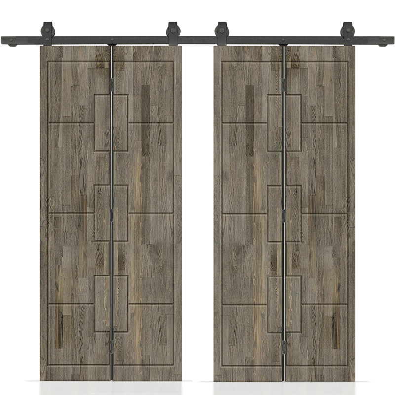 Porte de grange double pliante en bois de pin teinté avec quincaillerie coulissante, 60 po x 84 po, Gris patiné