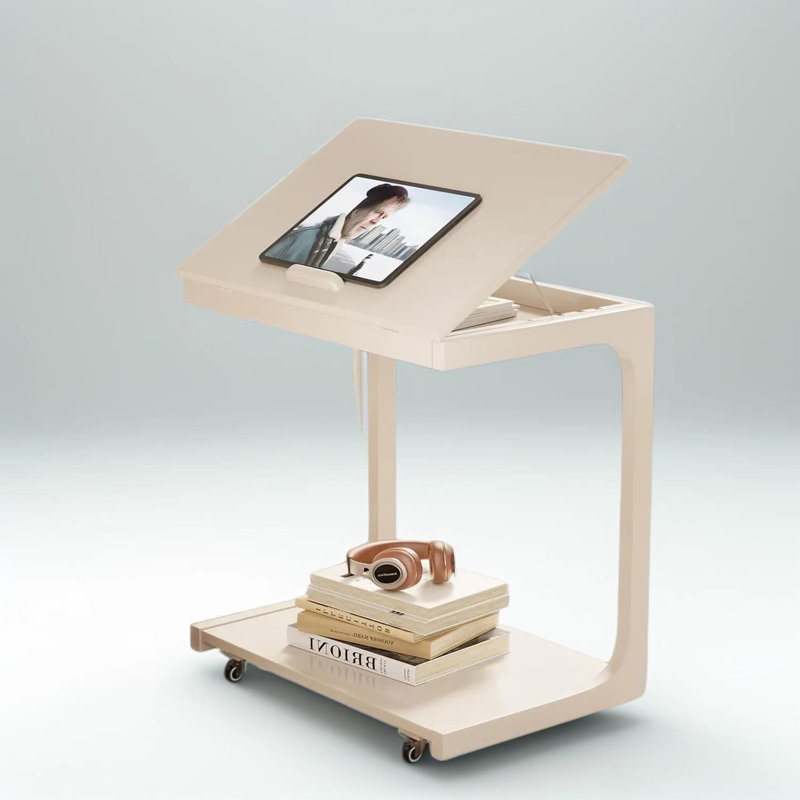 Table de bout réglable en forme de C avec roulettes verrouillables, table d'appoint roulante peu encombrante pour canapé, salon et chambre à coucher