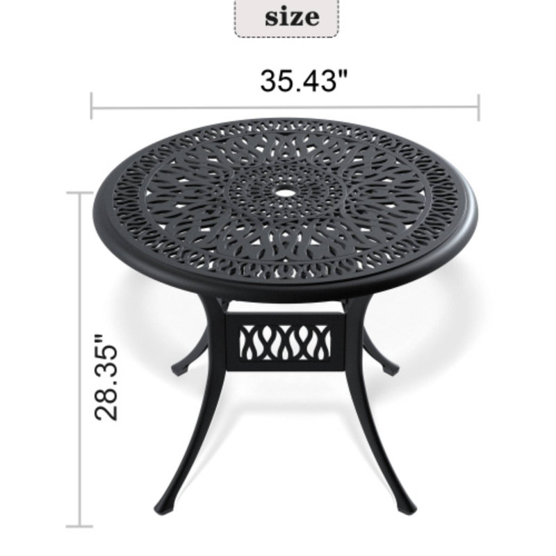 35.43 - Inch Cast Aluminum Patio Dining Table Featuring Black Frame And Umbrella Hole