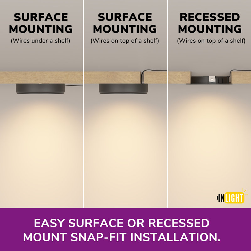 Inlight 2.5" Wide 3000K Dimmable LED Puck Lights Kit, Plug-in Installation with Recessed or Surface Mounted, White Finish Over Metal Construction, Set of 3, IN-0113-3-WH